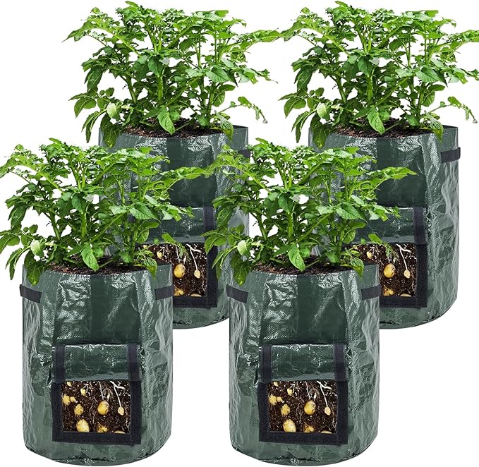 Potato Grow Bags, 4 Pack 10 Gallon Vegetables Growing Planter with Flap and Handles for Potato Vegetables Flowers Herbs Garden Outdoor