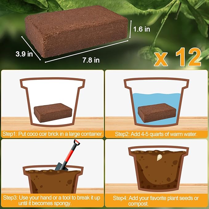 Organic Coco Coir 12 Pcs Compressed Coconut Coir Bricks Coconut Fiber Husk Substrate Mulch Coconut Bark Core Growing Medium Peat Moss Soil High Nutrition for Plants Gardening Seed Starting Soil Mix
