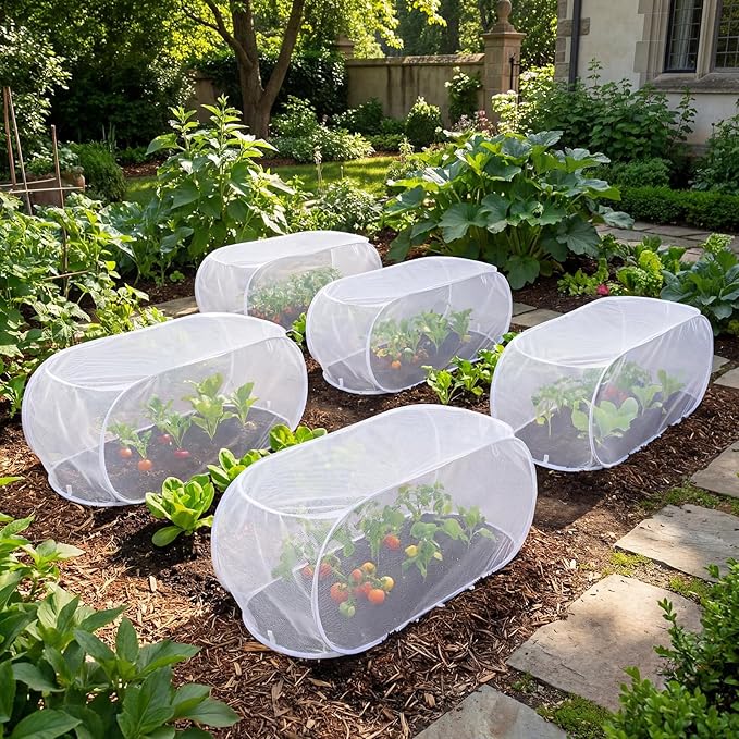 4 Pcs 39" x 18" x 16" Pop up Garden Rows Plants Cover Vegetable Mesh Plant Protector Net Cage Guard with Ground Nails for Protecting Vegetable Fruit Seedling from Animal (White)