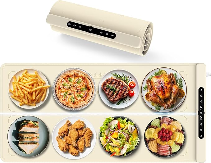 Graphene Warming Mat for Food with Dual Zone Control | XXL 36"x17" Electric Heating Tray | 6 Temp & Timer Settings | Food Warmer for Parties Buffets | Ideal Kitchen Gift for Mom & Wife (Beige)