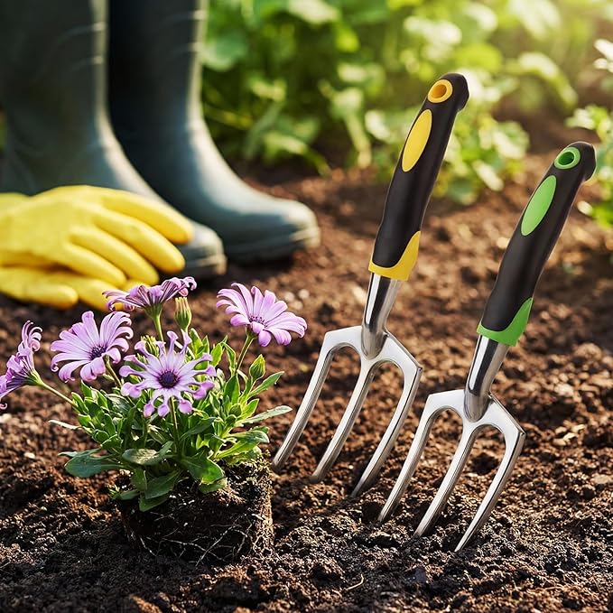 Yaocom 12 Pcs Hand Rakes Garden Tool Mini Heavy Duty Garden Cultivator 11 Inch Small Rake Gardening Hand Tiller with Handle for Digging Weeding Loose Soil(3-Tine Prong Fork,Yellow, Green)