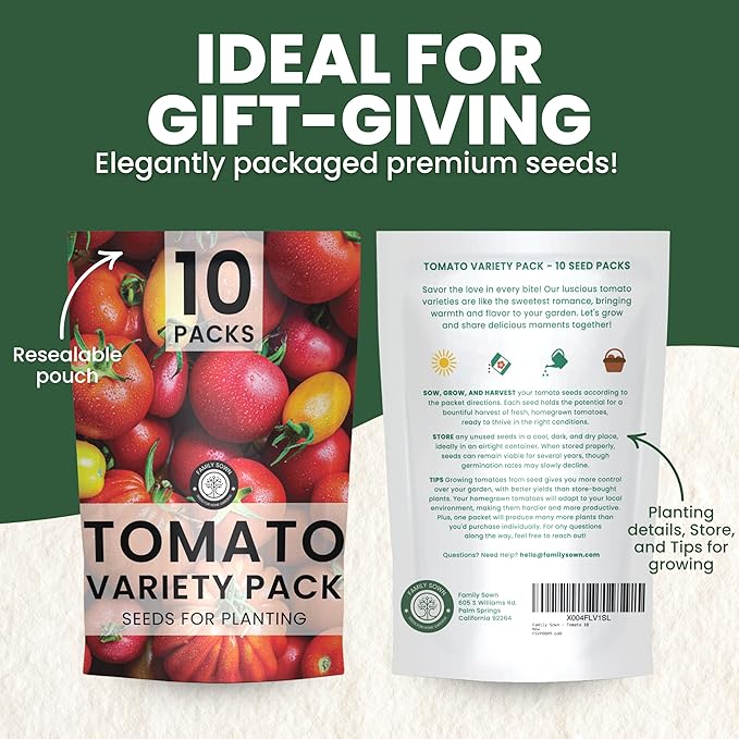 Tomato Seeds | 10 Individual Packs | 2026 Season | Non-GMO | Roma, Brandywine, Cherry & More! | for Planting Indoor & Outdoor | by Family Sown