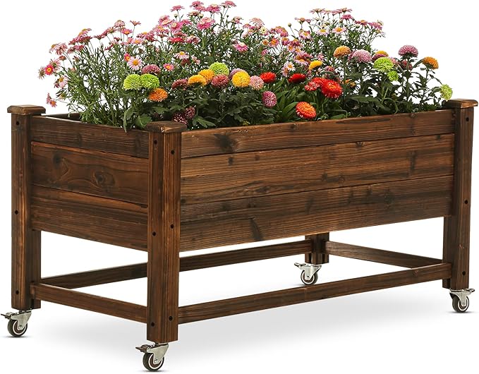 Raised Garden Bed 41x21x20-inch Mobile Elevated Wood Planter Lockable Wheels, Outdoor Wood Elevated Planter Box Kit Customized for Children（Brown）