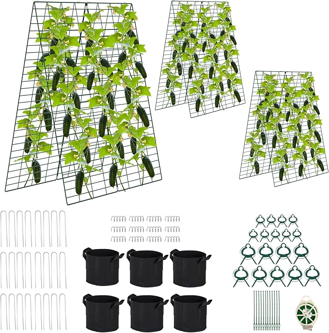 Foldable Cucumber Trellis 3 Pack, 48" L x 34" W A-Frame Trellis, Climbing Plants Support Raised Bed Trellis, with Twist Ties & Plant Bags for Outdoor Yards Gardens