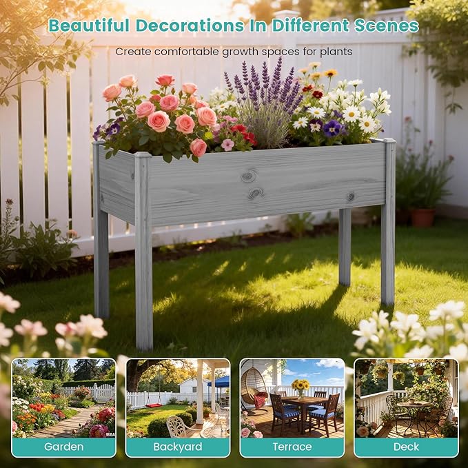 SUNYRISY Wooden Raised Garden Bed Outdoor with Legs for Gardening, 45.6" L x 23.6" W x 31.5" H Elevated Planter Garden Box Raised Bed for Planting Vegetable Flower Herb, Gray