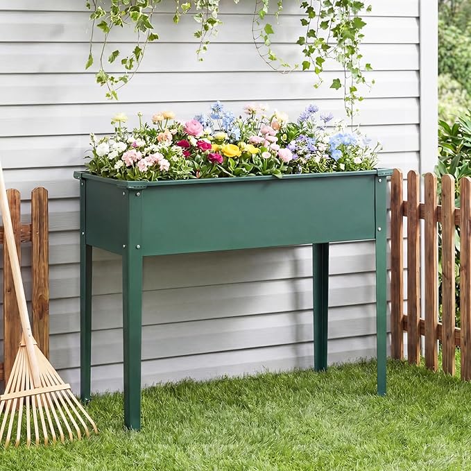 Giantex Metal Raised Garden Bed with Legs, 40”x16”x32” Elevated Planter Box with Drainage Holes for Vegetable Fruit Flower Herb, Outdoor Standing Gardening Box for Balcony Backyard Patio Porch, Green