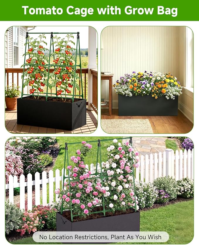 Cucumber Trellis with for Climbing Plants, A-Shape Garden Trellis with Grow Bags, Metal Plant Trellis with Garden Netting for Vegetables Flowers Fruits (A-Shape)