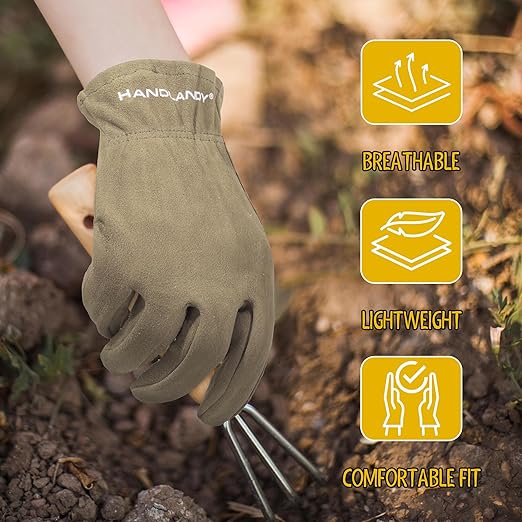 HANDLANDY Kids Genuine Leather Work Gloves for ages 3-11, Children Gardening Gloves for Boys, Girls (Large (age8-11), Khaki)