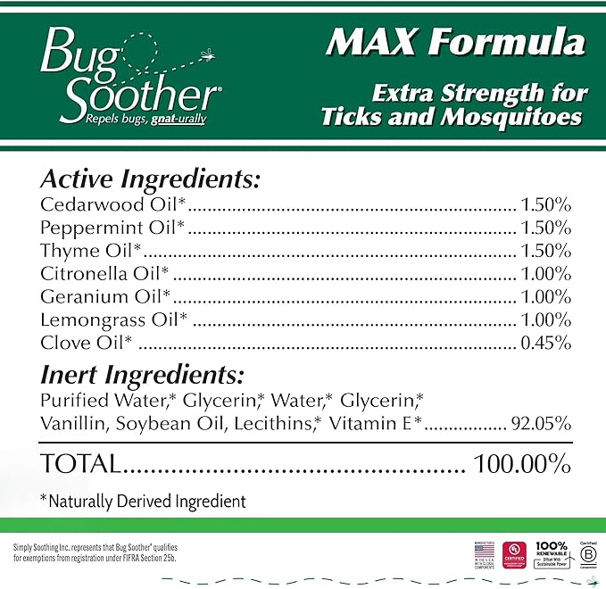 Bug Soother® MAX Natural Tick & Mosquito Repellent Spray – DEET-Free Extra Strength Outdoor Bug Protection, Plant-Based Formula – Made in USA (3ct 4 oz Bottles + 1 oz Bonus)