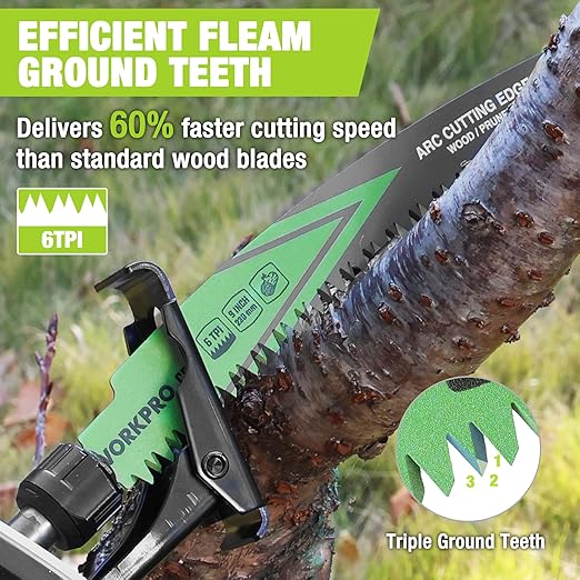 WORKPRO 9" Japanese Teeth Wood Pruning Reciprocating Saw Blades Set, Arc Cutting Edge 6TPI Pruning Saw Blades for Tree Pruning, Wood Cutting, Durable & Sharp, 3 Pack