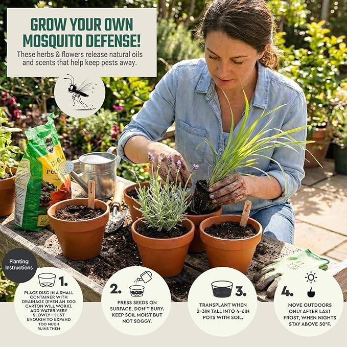 Tactiko Garden Aromatic Herb Seed Kit for Mosquito Season – 6 Individual Seed Packets for Patio & Deck - Lavender, Lemongrass, Marigold, Catnip, Lemon Balm. Basil – Starter Kit with 6 Coir Soil Discs