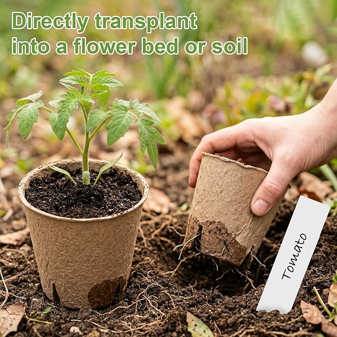 NEWMIAO 60 Pack 3.15 Inch Peat Pots, Biodegradable Seed Starter Pots for Seedlings with Drainage Holes, Germination Nursery Pots Kit Including 100 Plant Labels for Gardening (Round-60pcs)