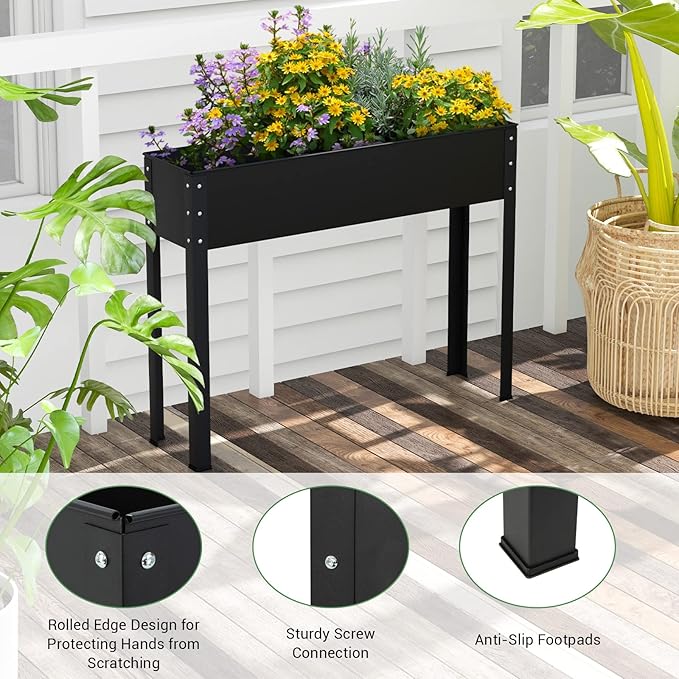 Giantex Raised Garden Bed, Metal Planter Box with Legs, Drain Hole, Outdoor Indoor Elevated Garden Box for Vegetable Flower Herb Fruit, Standing Raised Beds for Backyard Porch Balcony Black