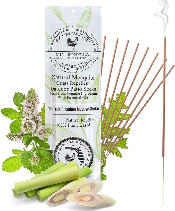 Farm Raised Candles Mintronella Citronella & Peppermint Mosquito Repellent Incense Sticks – 100 Pack – USA‑Made Natural Bug & Insect Repellent – Outdoor Camping, Patio Decor – No‑See‑Um & Gnats, Fly