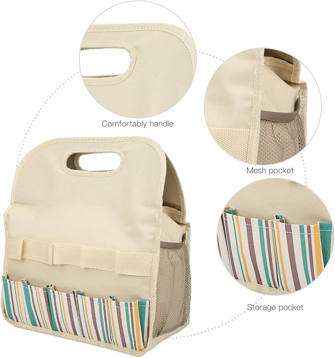 Large Capacity Multifunctional Garden Tool Bag with PE Board 600D Oxford Camping Storage Organizer 10 Pockets Beige Stripe