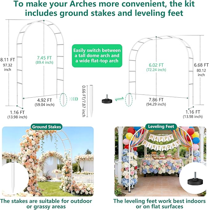 Thickened Rustproof Garden Arch Metal Trellis for Climbing Plants Outdoor, Wedding Arch Garden Arbor Frame Archway 4.9 x8.1 or 7.9 x6.7Ft Flower Arches for Bridal Party Decoration (White)
