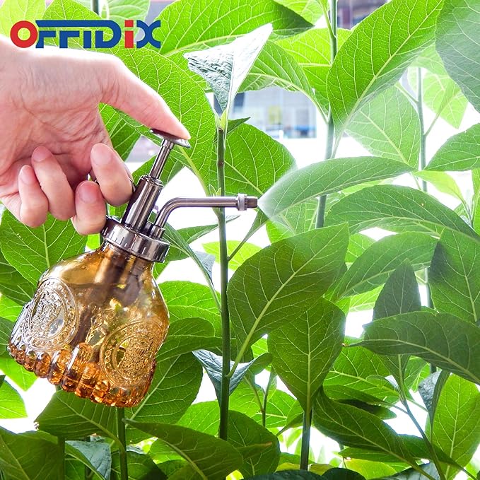 OFFIDIX Glass Watering Spray Bottle,Plant Mister Watering can Indoor with Bronze Plastic Top Pump,One Hand Glass Small Watering Can for Outdoor Indoor Garden,Cleaning Solutions and Home Decora(Brown)