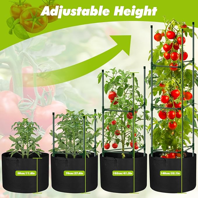 3 Pack Tomato Cages 55 x 12 Inch for Garden with 11 Gallon Round Grow Bags Planter Pots with Heavy Duty Triangle Trellis Plant Stakes Support Frames for Cucumber Vegetables Flowers