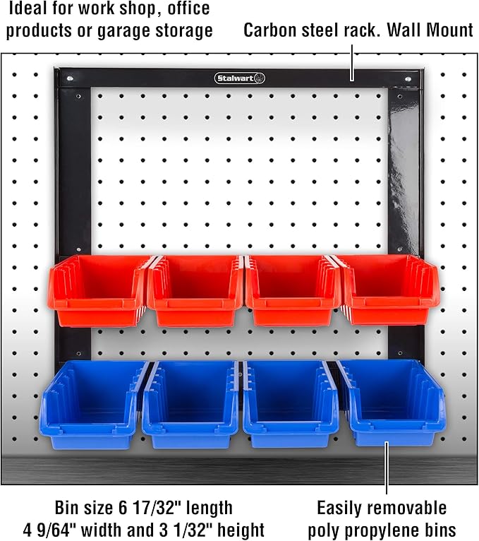 8 Bin Storage Rack Organizer- Wall Mountable Garage Shelving with Removeable Bins for Tools, Hardware, Crafts, Office Supplies and More by Stalwart