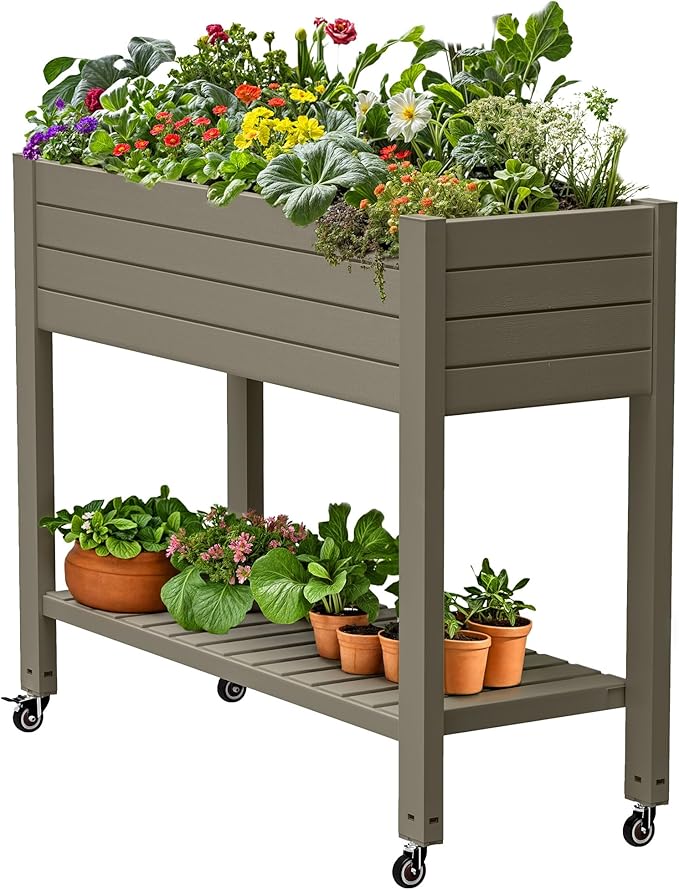 DWVO Raised Garden Bed Kit, 3.6 x 1.5 x 2.8 FT Outdoor Plastic Planter Box with Wheels and Legs, Garden Box with Drain Plug & Storage Shelf for Planting Vegetables, Flowers, and Herbs, Light Brown