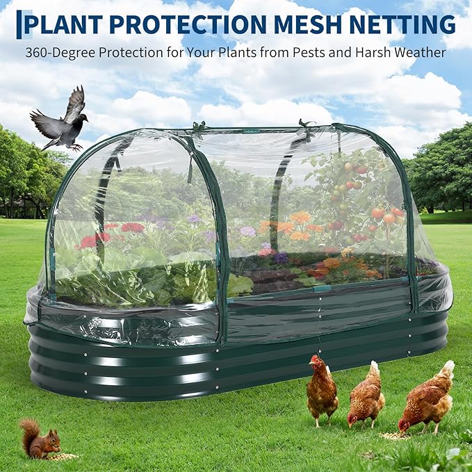 Garvee Large Oval Galvanized Raised Garden Bed Kit with Cover Zippered Screen Doors, Open Base Design, Thick Steel, Easy Assembly, Planter Box for Vegetables, Flowers