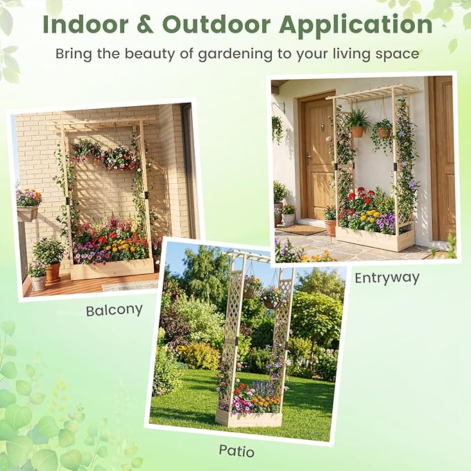 Giantex Wooden Raised Garden Bed with Trellis & Hanging Roof, 2 Pack Fir Wood Planter Box, 89” Freestanding Elevated Garden Bed for Outdoor Climbing Plants Vegetables Flowers, Patio & Balcony, Natural