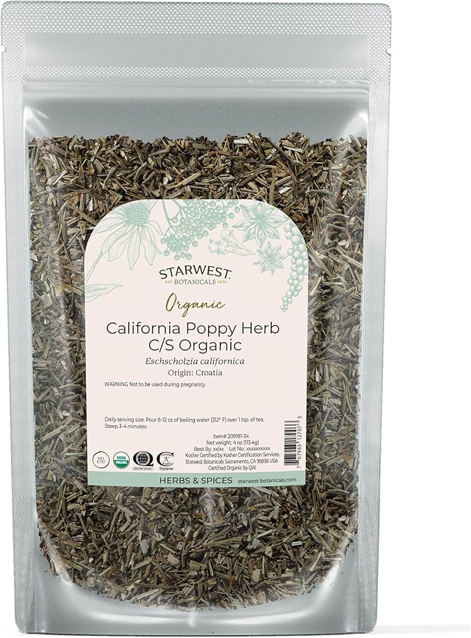 Starwest Botanicals Dried California Poppy Herb Organic - Loose Leaf, Use for Tea, Natural Herbal Blends, & Tinctures, Cut & Sifted, Certified Kosher, Non-GMO - 4 oz Pouch