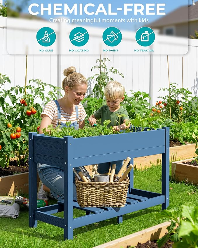 SERWALL Raised Garden Bed with Legs Set of 2, 43"×17"×30" Large HDPE Elevated Planter Box for Vegetables Flower Herb Patio, All Weather Use- Blue