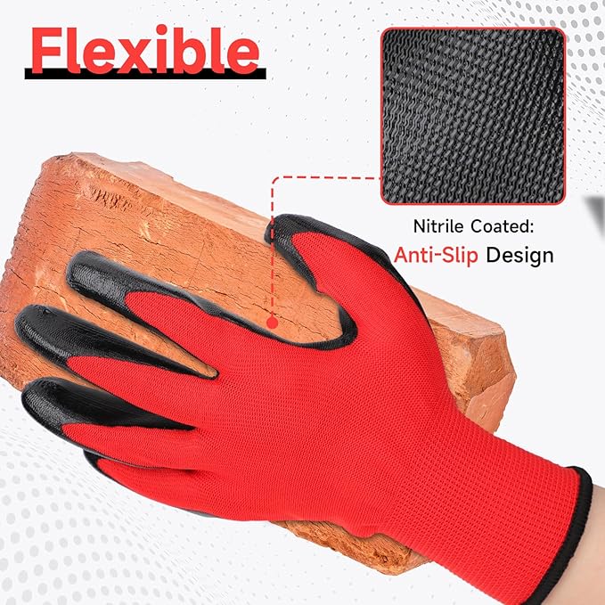 Nitrile Coated Work Gloves - 12 Pairs Red Construction Gloves for Women & Men Winter Work, Reusable Firm Grip Heavy Duty Gloves for Working, Gardening, Fishing, Climbing, Extra Large