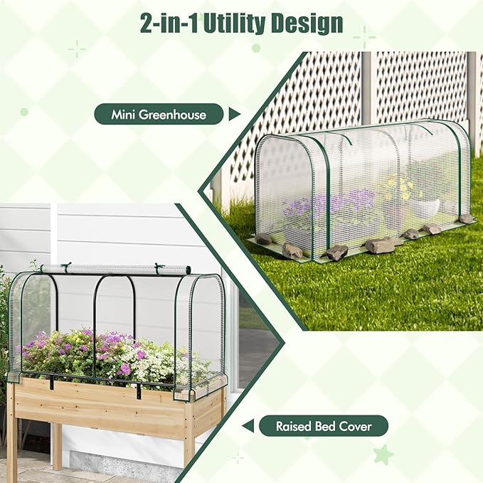 Happygrill Raised Garden Bed with Greenhouse Cover, Raised Bed with Legs & Drainage Holes for Herbs, Vegetables, Outdoor Wood Elevated Planter Box for Patio, Backyard, Balcony (White+Grey)