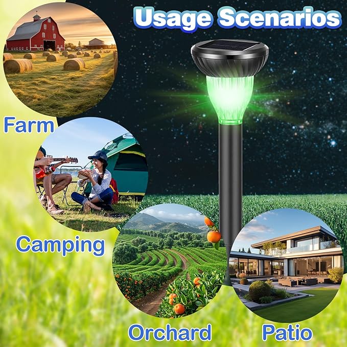 4 Pack Solar Ultrasonic Animal Repellent with RGB Color-Changing Lights, 360° Sonic Pest Deterrent for Outdoor Lawn & Garden, Solar Powered Mole, Gopher & Snake Repellent Stakes