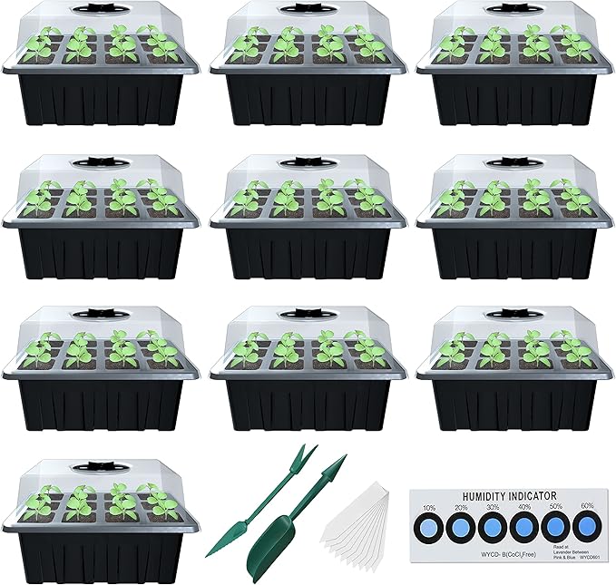 Seed Starter Tray, 10 Pack 12 Cell Seed Starter Kit with Humidity Dome, Reusable Plant Trays for Seedlings, Germination Kit with Humidity Strip for Plant Growing, Starter Pots for Planting