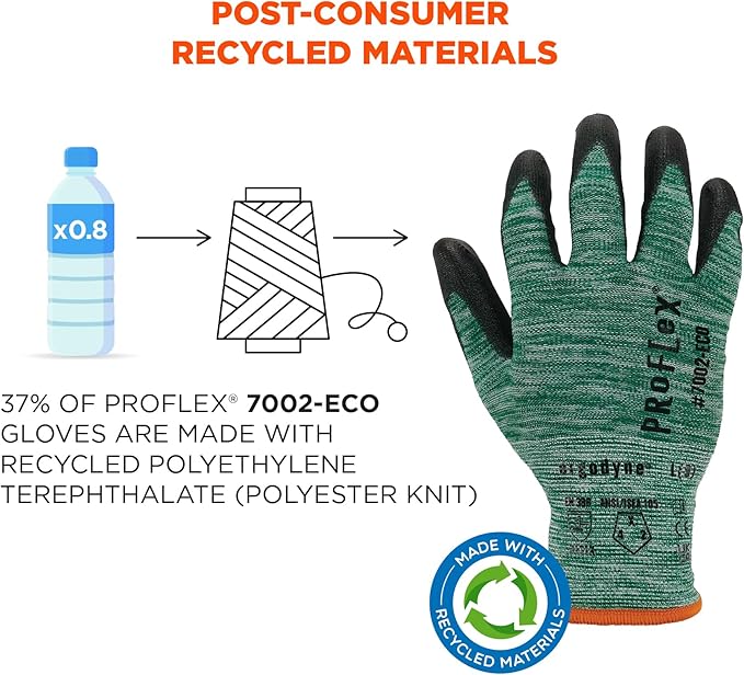Ergodyne ProFlex 7002-ECO Work Glove, Recycled PU Coated Palms Gloves, Post Consumer Materials, 15 gauge