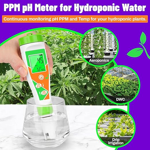 pH Meter for Water Hydroponics Nutrient 4 in 1 Digital EC pH TDS Temp Meter for Water System PPM and EC Water Tester for Hydroponics, Indoor/Outdoor Plant Grow, DWC System, Gardening