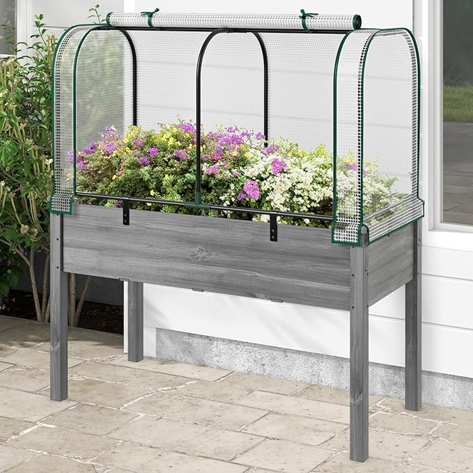 Happygrill Raised Garden Bed with Greenhouse Cover, Raised Bed with Legs & Drainage Holes for Herbs, Vegetables, Outdoor Wood Elevated Planter Box for Patio, Backyard, Balcony (White+Grey)
