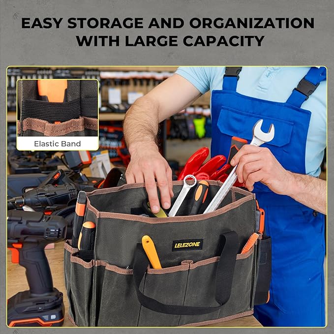 Tool Bag 16 oz. Waxed Canvas Tool Bag Large Capacity Tool Storage Tote comes with a Main Compartment and 12 Exterior Pockets for Wrenches, Scissors, Hammers or a set of Garden Tools and More ArmyGreen