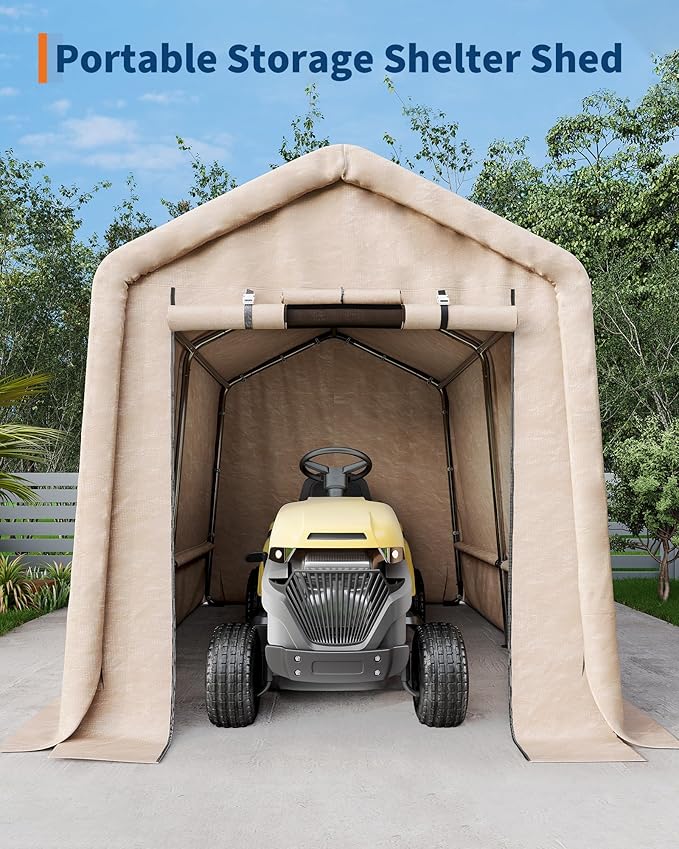 GarveeLife Outdoor Portable Storage Shed with Roll-Up Door & Vent, 240G Heavy-Duty Shelter Waterproof PE Tarp, UV-Resistant Storage Sheds for Motorcycle, Firewood, Garden and Tools (Khaki, 7'x10')