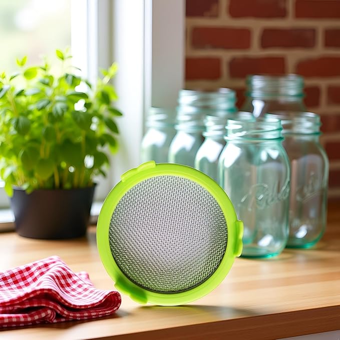 Green Mason Jar Sprouting Lid - Alfalfa & Mung Bean Sprouts, Stainless Steel Screen, Microgreens Growing Kit, Broccoli Seeds Canning, 3.94"L x 3.94"W