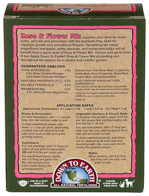 Down To Earth All Natural Fertilizers Organic Rose & Flower Mix - Plant Food for Roses, Bulbs, Flowers and Ornamentals 4-8-4, 1 lb