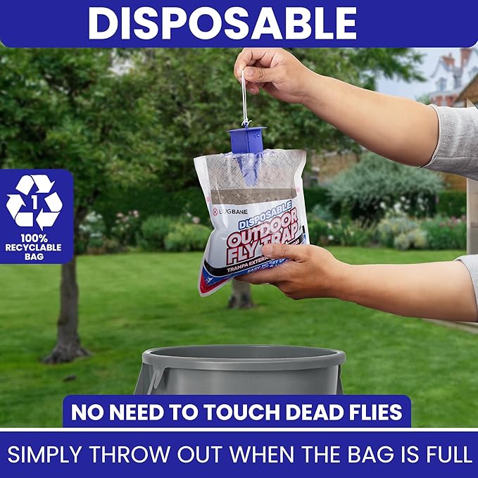 Fly Traps Outdoor Fly Trap for Patio. 2 Non-Toxic Pre-Baited Flies Bags Outdoor Disposable. Hanging Bug Catchers for All Filth Flies Killer for Outside Bug Control in Yard Horse Ranch Trash Can