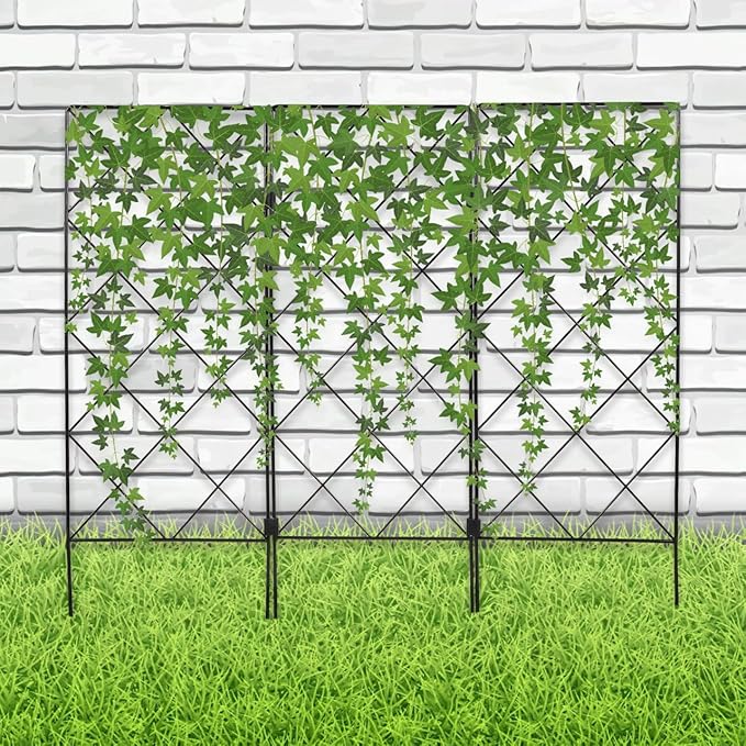 DOITOOL Metal Garden Trellis for Climbing Plants Outdoor, 3 Panel Black Wrought Iron Lattice Folding Trellis, Freestanding Plant Support for Vines Rose Clematis Vegetables, 23.6 X 20.8 Inch