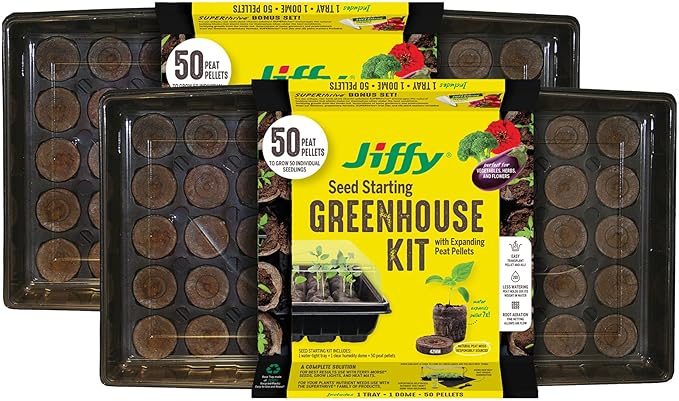 Ferry Morse Jiffy Seed Starter Tray Kit - 50 Cell, Bonus SUPERthrive, Plant Labels - 2 Pack - Peat/Plastic