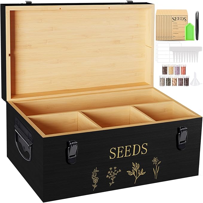 Bamboo Seed Storage Organizer, Large Garden Seed Organizer with Lid & Safety Lock & Handles, Seed Box Includes Seed Envelopes and Labels etc, Great Gifts Gardening Kit (Black)