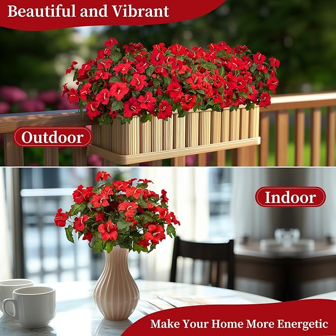 19 Inch Artificial Fake Flowers for Outdoor,4 Pcs Red Faux Silk Petunias Spring Flowers for Outside for Indoor Porch Planter Front Door Garden Patio Window Box Home Decor