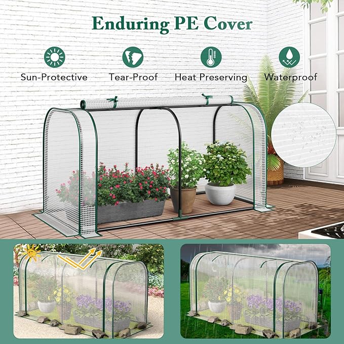 Raised Garden Bed with Greenhouse, Waterproof Sun-Protective Green House with Roll-Up Door & Electroplated Metal Frame, Pine Wood Elevated Planter Box with Drainage Holes(White+Natural)