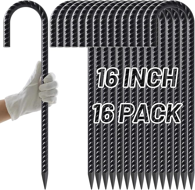 AAGUT Rebar Stakes 16 Inch J Hook Heavy Duty 16 Pack, 5/16 Inch Black Coated Metal Steel Ground Anchors Chain Link Fence Stakes for Camping Tent, Inflatables, Yard Decorations, Canopies & Swing Sets