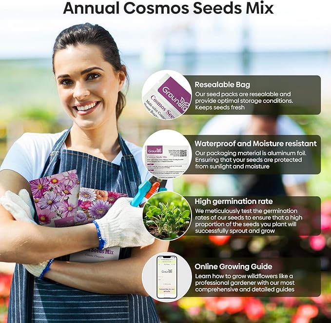 7 Varieties Cosmos Seeds Mix, 1 Ounce Over 5000+ Crazy Blend Cosmo Flowers Seed for Planting, Open Pollinated, Non-Gmo, Heirloom (Daydream, Gloria, Picotee, Purity, Radiance, Pinkie, Sulphur)