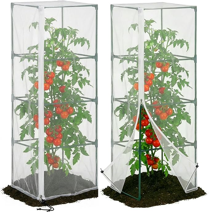 2 Pcs Garden Bird Netting for Square Plant Cage, 59" x 18" x 18" Tomato Cage Garden Net Cover with Zipper, Tomato Trellis Insect Bird Barrier Protection Mesh for Vertical Climbing Plants Vegetables
