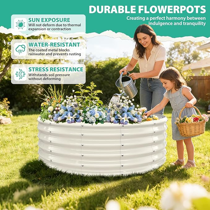 17" Tall Round Outdoor Garden Raised Garden Bed Kits-0.8MM Thick Metal Raised Planter Bed/Ground Planter Box for Variety of Flowers,Herbs,Vegetables,Trees (Cream White, 48 Dia X 16.5inches)