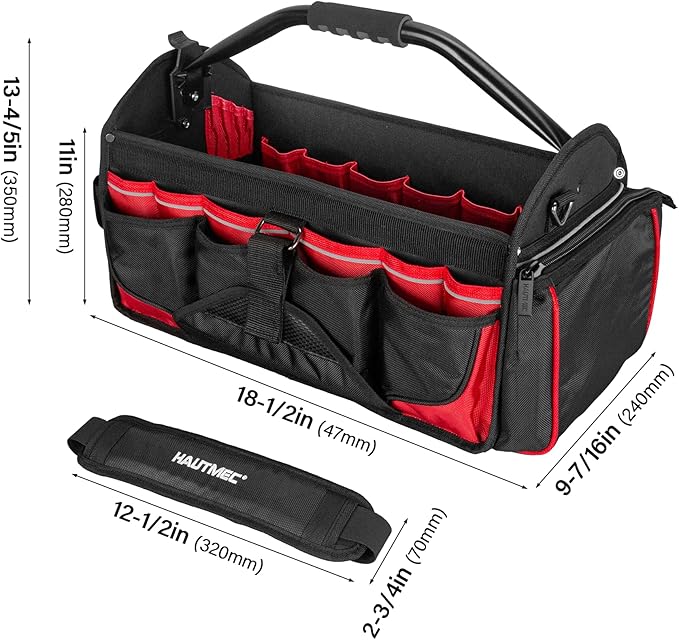 HAUTMEC 18.5" Heavy-Duty Tool Tote, 1680D Open Top Tool Bag with 39-Pockets, Rotating Steel Handle, Padded Shoulder Strap & Water-Resistant Base - HT0178